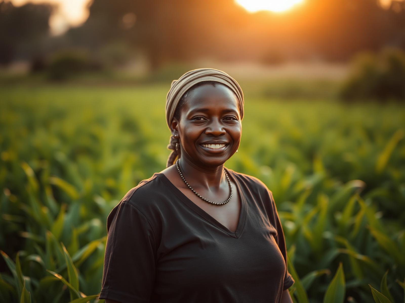 A woman farmer standing in her field at sunset